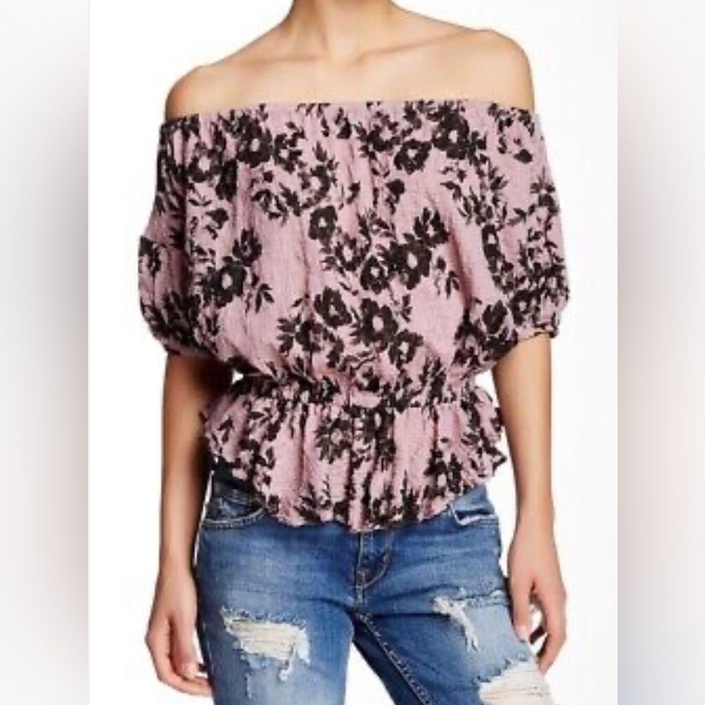 Free People Shades of Cool Floral Print Short Sleeve Cotton Blend Top.